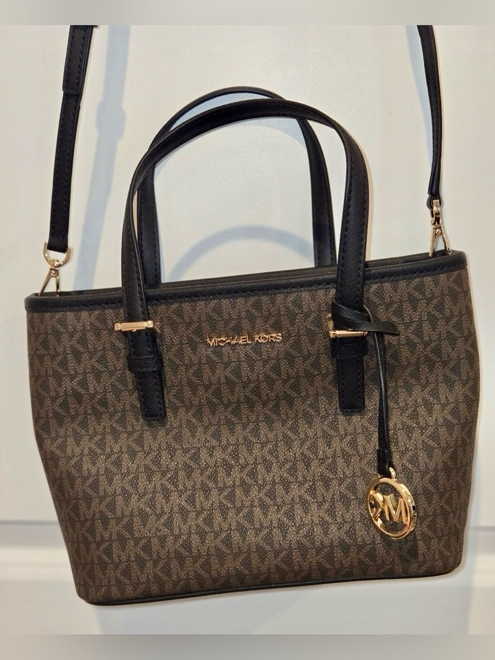 Michael Kors Brown and Black Signature MK Tote with Gold Hardware